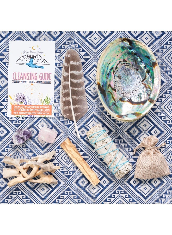 BLUE RIVER SAGE Home Cleansing & Smudging Kit with White Sage, Palo Santo, Abalone & Stand, Smudge Feather & Guide (Regular) - Image 5